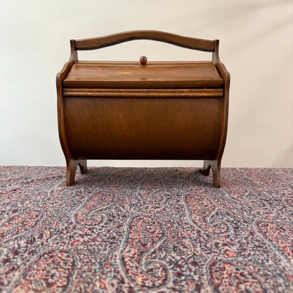 Vintage Curved Wood Sewing Kit Basket Box Handle Double Door - Picture 4 of 16